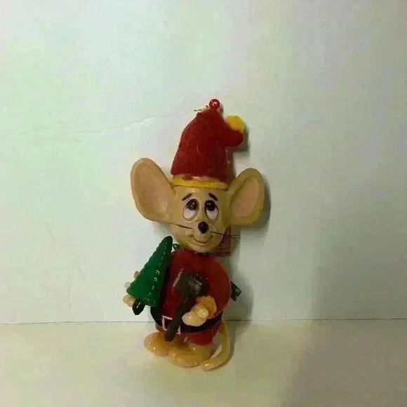 Vintage 1979 Merry Mouse Plastic Christmas Ornament 5” With Tree/Ax Hong Kong - Picture 1 of 8